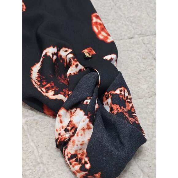 Halston‎ Women's Black Printed Button Up Blouse Roll Tab Sleeve Size L NWT - Picture 5 of 13